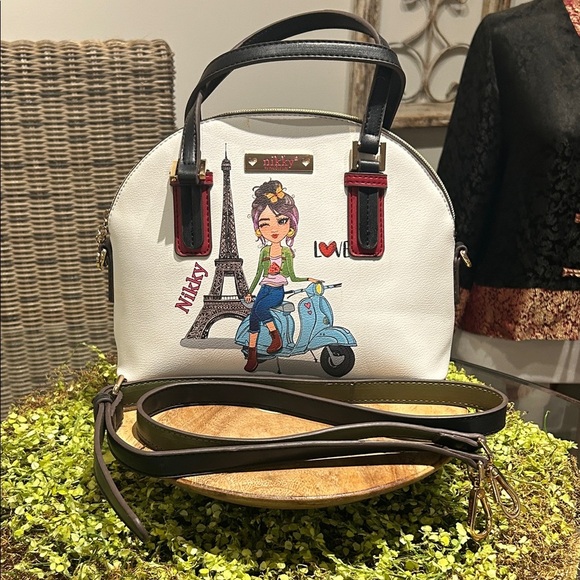 Nicole Lee White and Black Satchel/Crossbody with Red Accents - Picture 1 of 11